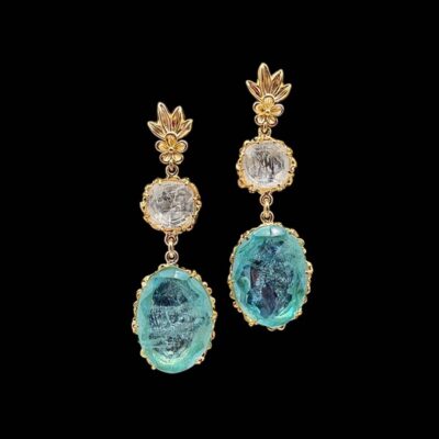 Pendientes Oniria de plata dorada y cuarzo menta y blanco Somnia