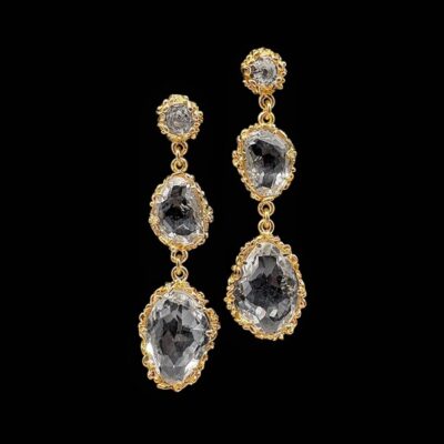 Pendientes Oniria de plata dorada y cuarzo transparente Siralis